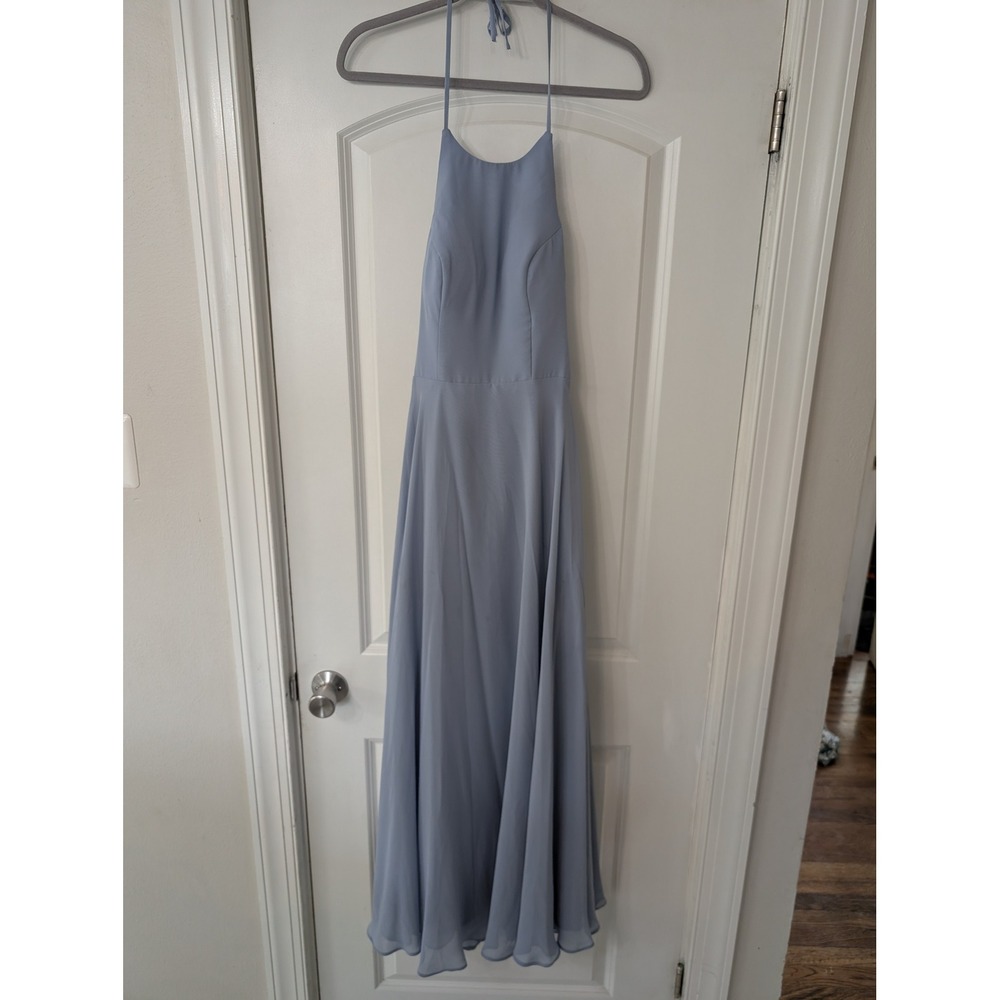 Azazie Sky‎ Blue Chiffon Halter Maxi Dress Bridesmaid Gown A2 High Neck Tie Back